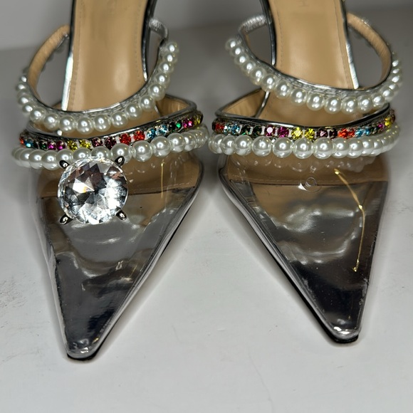 Mach & Mach Diamond of Elizabeth PVC Mules in Clear Silver Faux Pearl sz 38 8 US - Picture 5 of 17